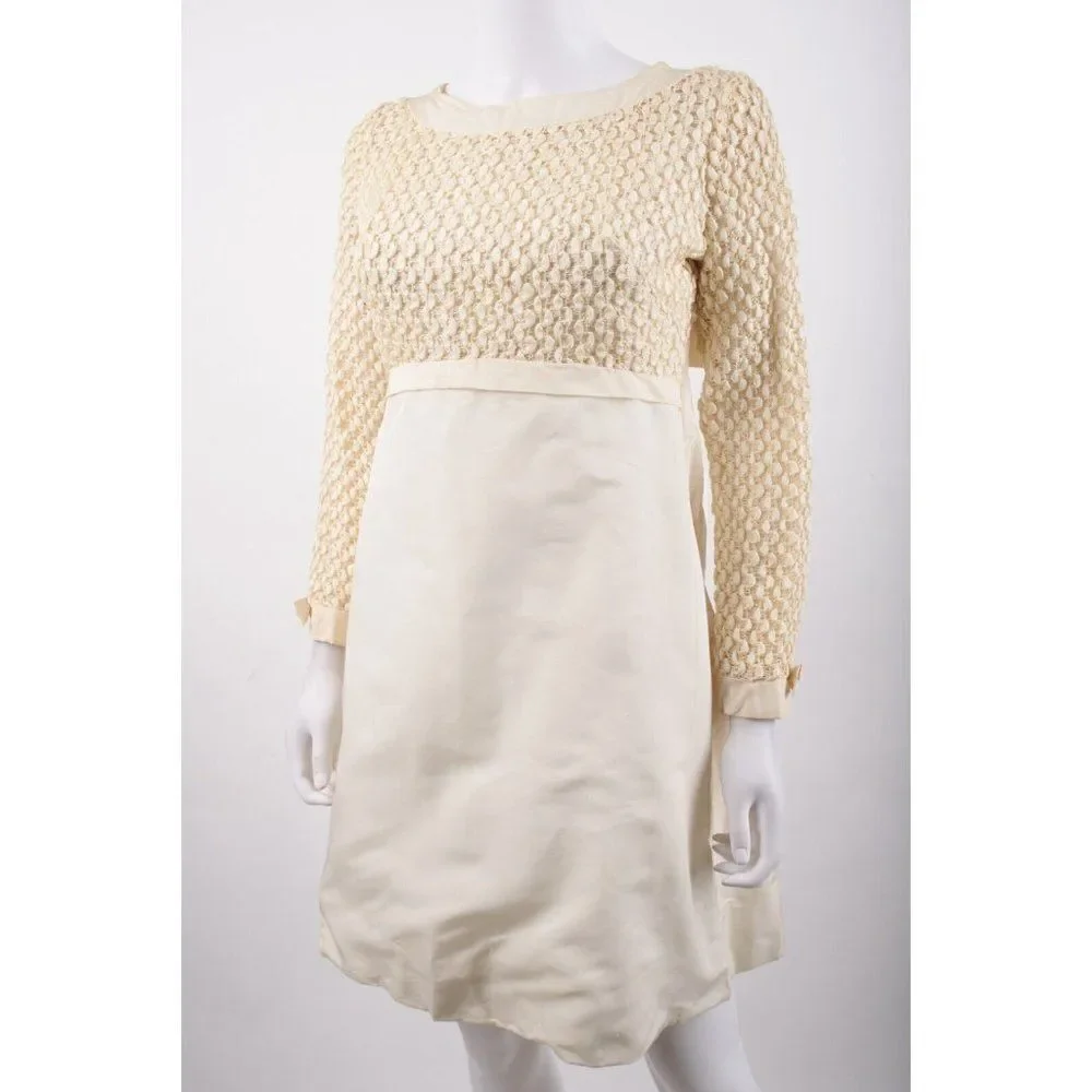 Vintage 1960s Womens Party Dress Beige ecru Popcorn Ribbon Weave Bodice XS S